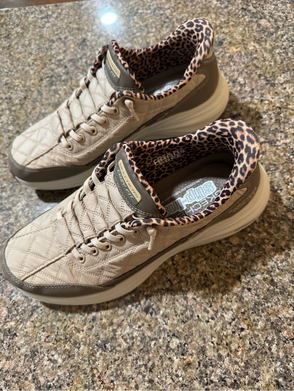 Skechers Slip-ins Cozy Fit Quilted Beige Sneakers with Leopard Trim Size 8 - Picture 2 of 9
